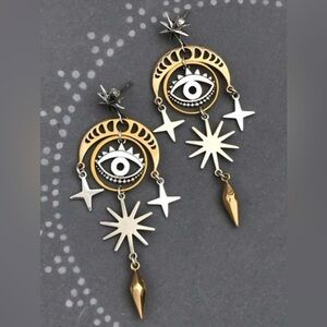 2/$30🌵 Gold Silver Crescent Moon Star Evil Eye Earrings Long Chandelier NEW